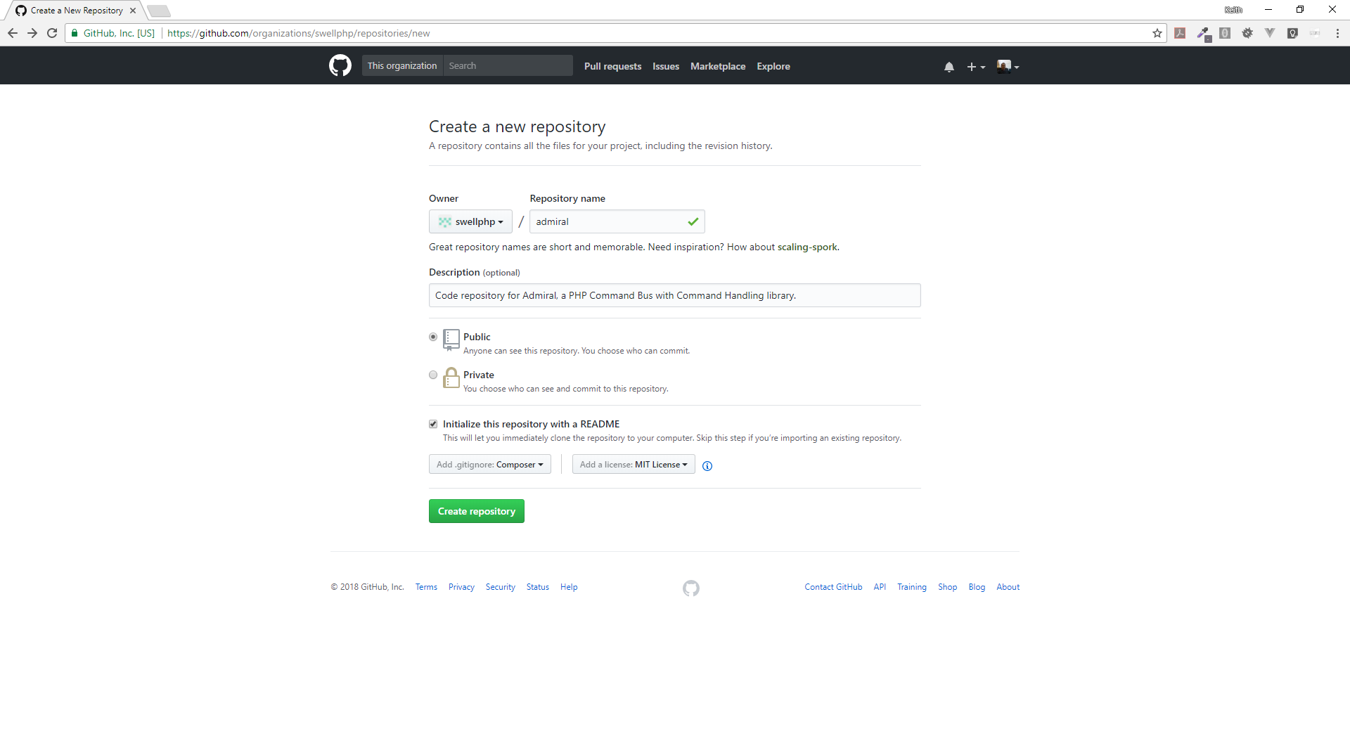 Create repository screen Creating a new GitHub Repository